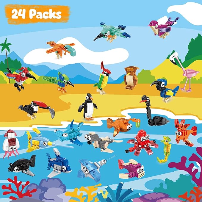 MOONTOY 48 Packs Party Favors for Kids, 3-in-1 Mini Animals Building Blocks Sets for Easter, Birthday, Goodie Bag Stuffers, Classroom Prizes for Boys Girls Ages 3-12