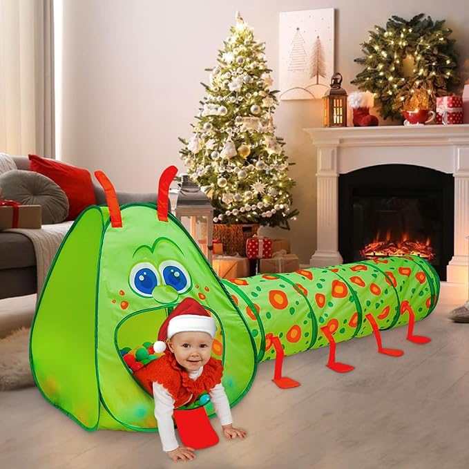 Kiddey Caterpillar Kids Play Tunnel & Tent – Toddler Crawl Tunnel + Play Tent, Pop-Up Indoor/Outdoor Ball Pit Playset (Balls Not Included), Folds Flat for Storage