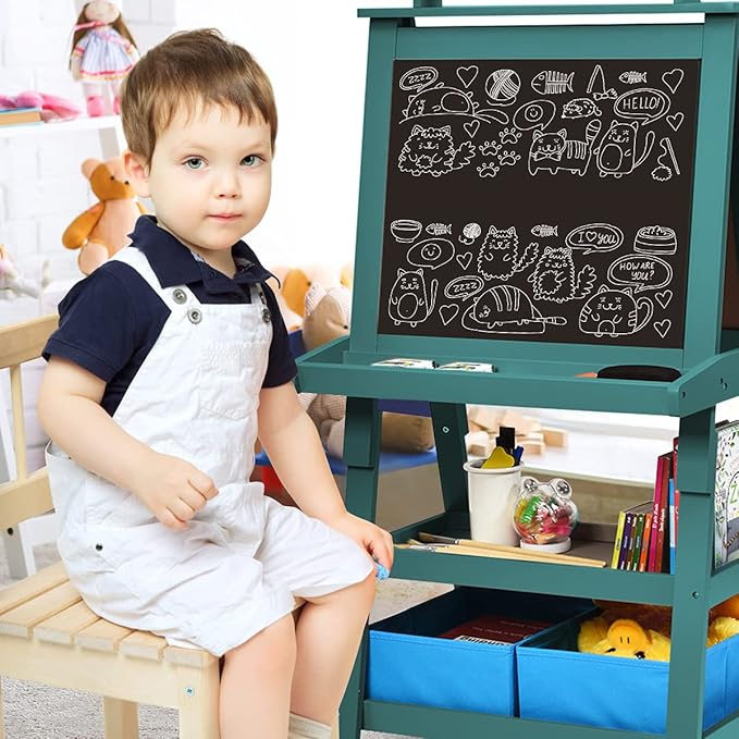 Costzon Kids Art Easel, 3 in 1 Double-Sided Wooden Easel w/Magnetic Whiteboard, Chalkboard & Paper Roll, 2-Tier Rack w/ 2 Storage Boxes, Standing Easel for Kids, Toddlers, Boys, Girls (Blue)