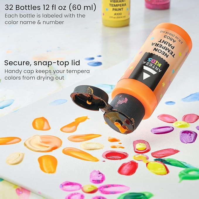 ARTEZA 32 Tempera Paint, 2.03oz/60ml Bottles, Washable Tempera Paint for Kids, Includes Neon, Glitter & Glow-in-The-Dark