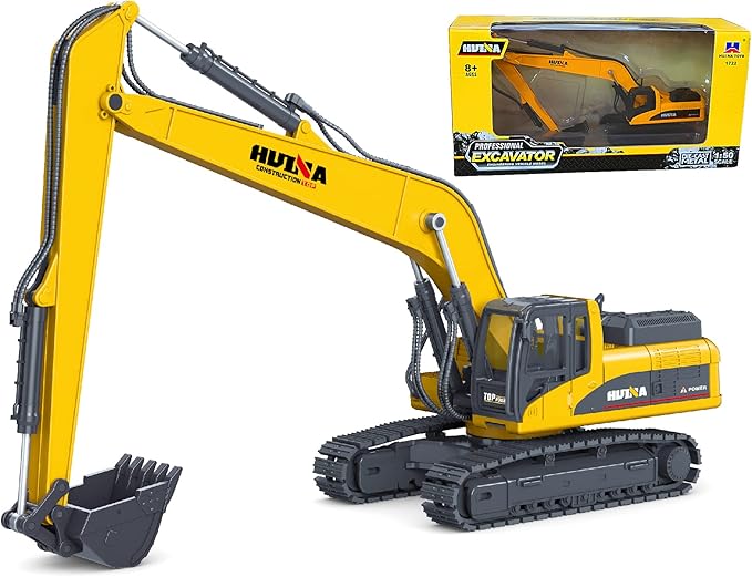 Gemini&Genius Long Reach Excavator Toy for Kids, Heavy Duty Construction Vehicle Digger Toys, 360-degree Rotatable Driver's Compartment, Multi-Jointed Movable Tracked Vehicle for Kids Gift (Yellow)