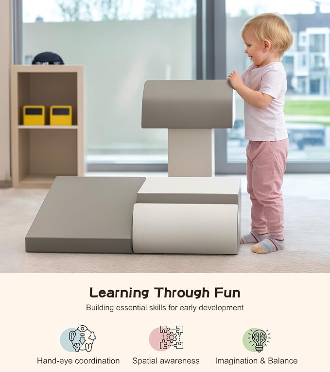 5-Piece Climb and Crawl Activity Play Set, Soft Foam Climbing Blocks for Toddlers with Wipe-Clean PU Leather, Anti-Slip Climbing Toys for Toddlers Inside for All-Around Development, Gray & White