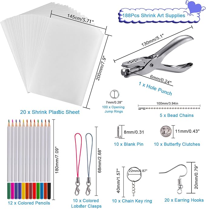 Heat Shrink Plastic Sheets Keychain Kit, 188Pcs Shrinky Dink Sheets Shrinky Dink Paper Shrink Art Kits for Kids Including 20Pcs Shrink Paper Sheets, Hole Punch, Pencils, Keychains for Crafts