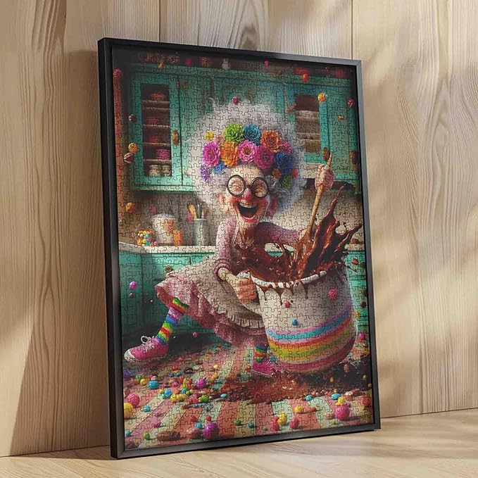 Granny Baking Jigsaw Puzzles for Adults Colorful Kitchen Chaos 1000 Pieces Puzzles for Challenging Family Activity Games Chocolate Splash Art Jigsaw Puzzle DIY Craft Puzzles Home Decor 20x27 Inches