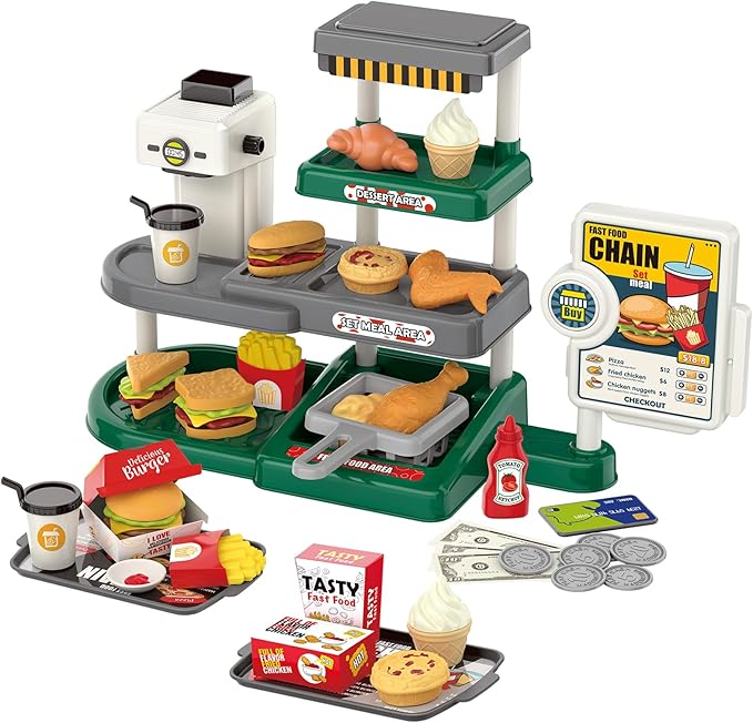 Kids Fast Food Pretend Play Set with Realistic Coffee Maker, Card Reader, Cash Register, Play Food (Burger, Fries, Sandwich), Play Money - Educational Toy Kitchen for Ages 3+