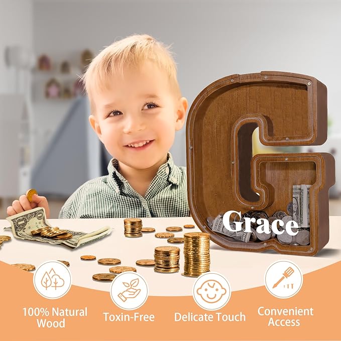 Wooden Letter Piggy Bank for Kids Larger Letter Piggy Bank for Boys and Girls Personalized Piggy Bank Initial Coin Bank Wood Kids Money Bank for Birthday and Festival
