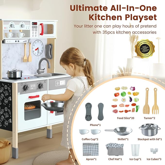 Play Kitchen Wooden Kids Kitchen Playset Pretending Toys for Toddlers with Real Lights & Sounds, 3 Heights Adjustable, Chalkboard, 35Pcs Toy Food & Cookware Accessories-Gray