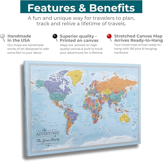 Gallery Wrapped - Blue Oceans World Push Pin Travel Map with pins