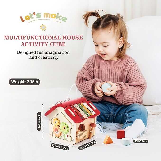 let's make Wooden Activity Cube 10-in-1 Montessori Toys Multi-Functional House Educational Toys Sensory Learning Activity Cube for Toddlers Babies 1st Birthday Gift