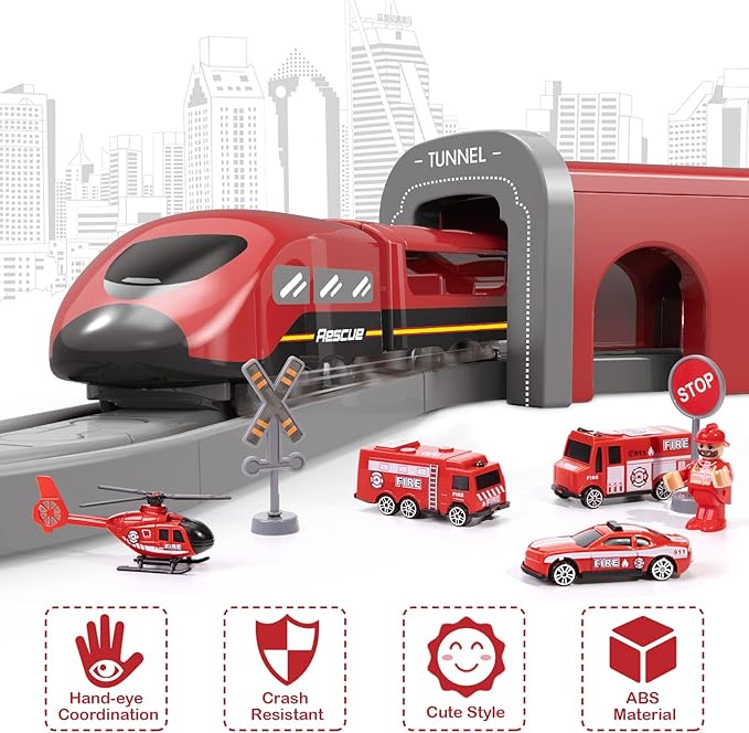 Train Sets for Toddlers, 66 Pcs Trains Toy with Battery Operated & Tracks (Magnetic Connection), Compatible with Thomas, Brio, Christmas Toy Gifts for 3 4 5 6 7 8 Years Old (Fire Engines)