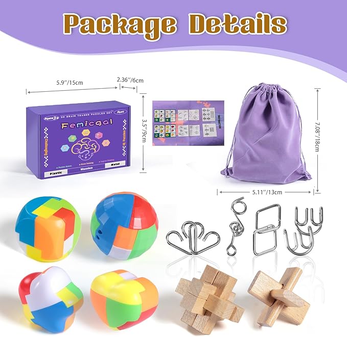 Brain Teaser Puzzles for Adults and Kids, 10Pcs Puzzle Games Set, 3D Wooden Plastic Metal Puzzle, Unlock Interlock Mind Brain Games, IQ Test Educational Toy
