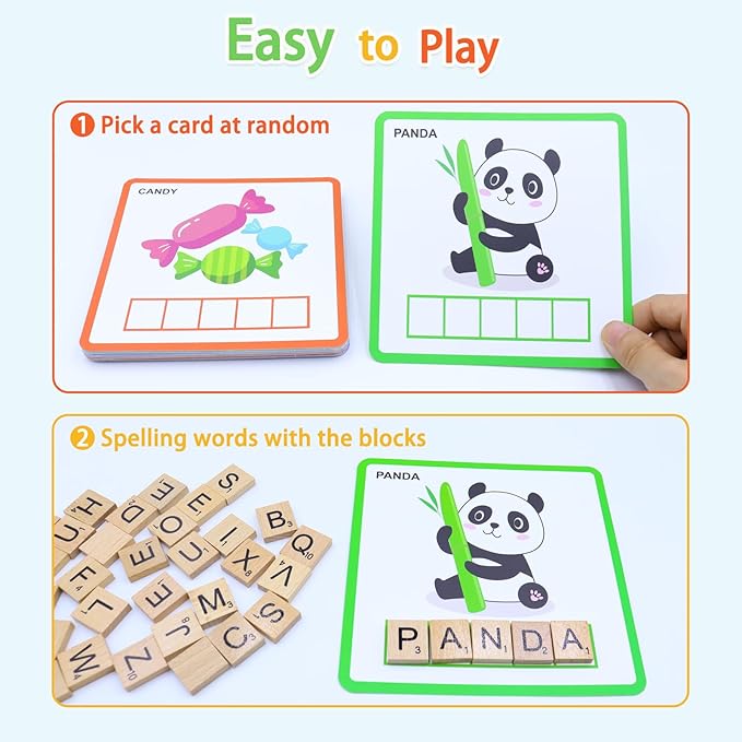 Spelling Games with 30 Double-Sided Flash Cards, 100Pcs Wooden Letters Sight Words Matching Game, Alphabet ABC Learning Educational Toys for Kids Ages 3-8