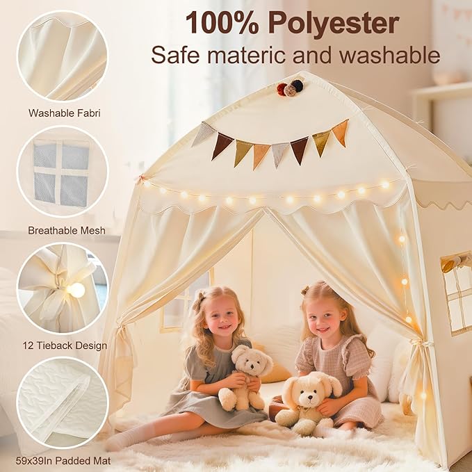 Kids Play Tent with Padded Mat Lights - Large Teepee 59x39x59in with Christmas Decor Kit Storage Bag Flag- Private Space for Reading - Birthday Gift for Boys Girls Ages 3-12
