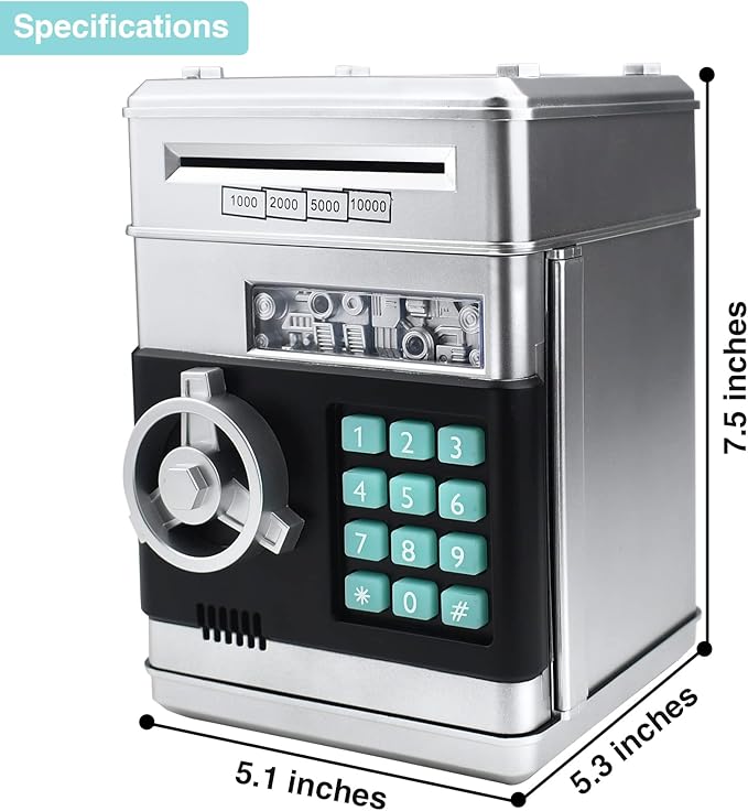Piggy Bank for Kids, ATM Electronic Password Cash Coin Bank, Money Saving Box for Kids, Boys Girls Birthday Gift (Silver)