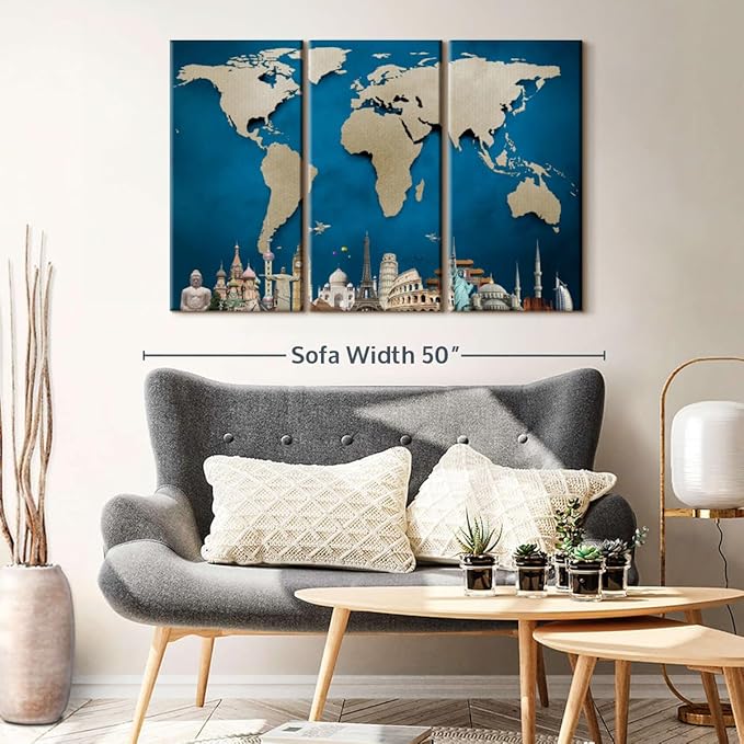 ElephantStock Ocean Blue World Map Multi Piece Canvas - 3 Panel Wall Decor - Map of the World Art - Canvas for the Office and Home - 45" X 28"