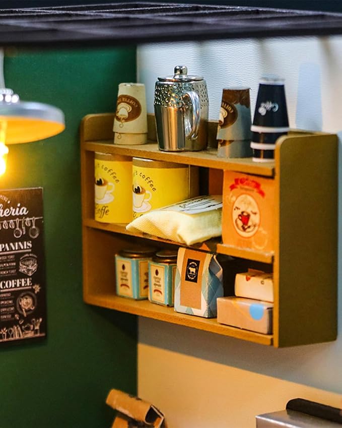 Miniature House Kit for Beginners, DIY Mini Coffee Shop with LED Lights, Miniature Dollhouse Kit for Adults & Teens, Creative Birthday Gift & Hobby for Family Friends (Afternoon Cafe)