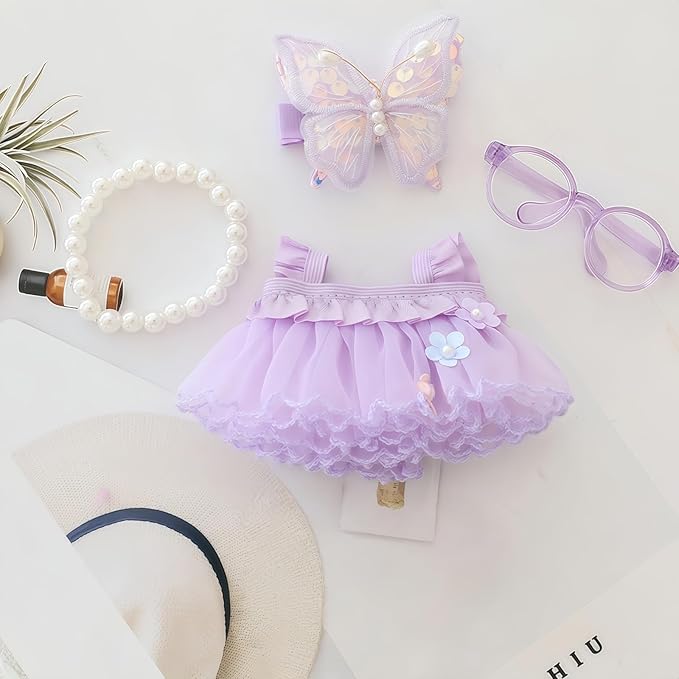 Clothes for Dolls Accessories, Outfit Set 4 Pieces Gauze Dress for 15cm 17cm Doll (No Doll), Romantic Skirt Doll Clothing Set Replacement Purple