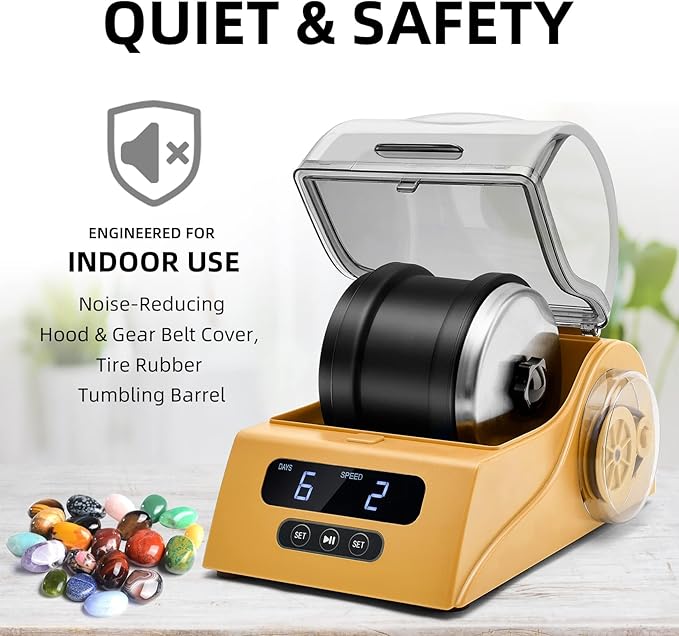 Rock Tumbler Kit Adults - Rock Polisher Tumbler with Noise Reduction Cover, Speed&Timer Control, Includes 4 Polishing Grits, Rough Gemstones, Learning Guide etc. (Yellow)