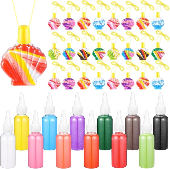 Relaxgiant 74 Pcs Shell Shaped Sand Art Bottle Necklace Kits Include Plastic Sand Art Bottles Necklace, 12 Colored Art Sand, Mini Plastic Funnels for DIY Art Class Crafts Supplies