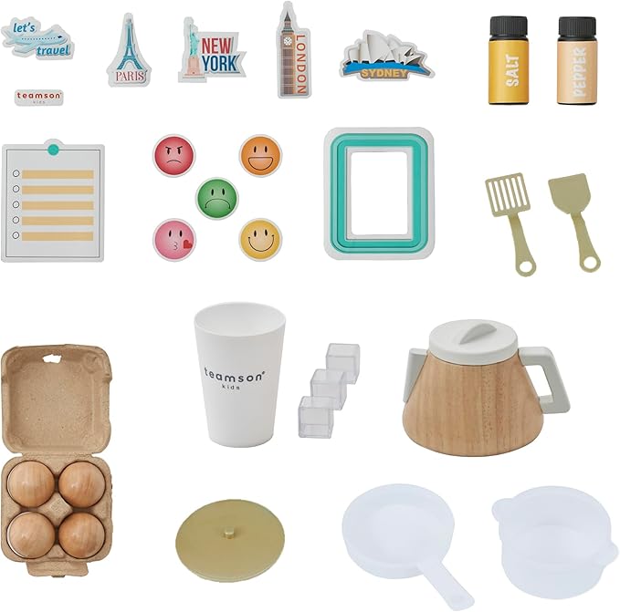Teamson Kids Little Chef Atlanta Modular Wooden Play Kitchen, 3-Piece Pretend Set with 17 Accessories, Blue/White/Gold, Realistic Features for Toddlers & Kids, Cocina de Juguete Moderna