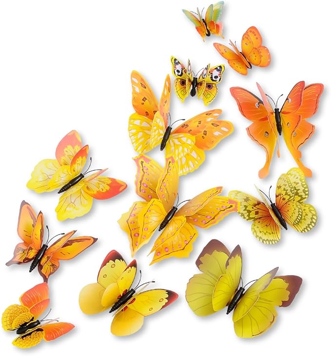 Mixed of 12PCS 3D Pink Butterfly Wall Stickers Decor Art Decorations¡­ (Yellow)