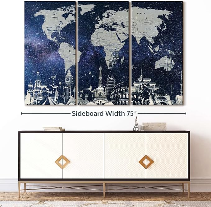 ElephantStock Starry World Map Multi Piece Canvas - 3 Panel Wall Decor - Map of the World Art - Canvas for the Office and Home - 74" X 48"