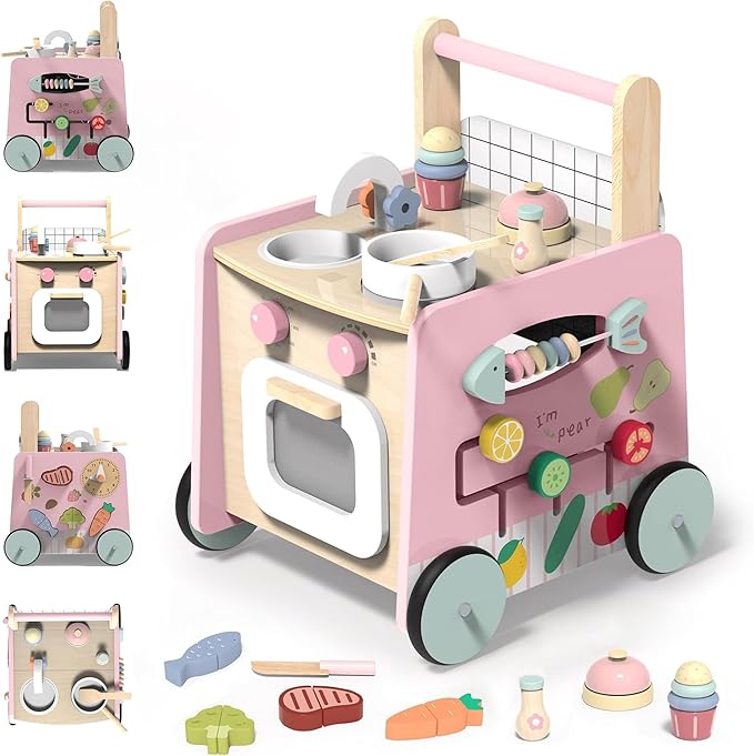Wooden Baby Walker 4-in-1 with Push Walker Toys, Play Kitchen Accessories, Toddlers Montessori Sensory Toys, Walking Toys for Baby Girls Boys Learning to Walk