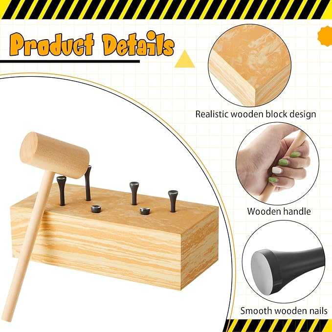 Realspring 8 Set Wooden Hammer Tool Set Kids Carpentry Woodworking Toys 8+ Year Old Hammering Pounding Toy Workbench for Construction Birthday Party Supplies Play Educational Gift Boys and Girls