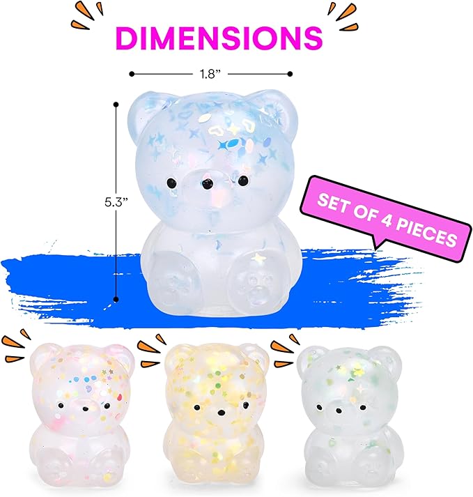 Neliblu Set of 4 Glitter Teddy Bear Squishies - Calming Sensory Toy for Stress Relief, Autism, ADHD - Cute Bear with Huggable Shapes - Gold Silver Pink Purple - Gift for Kids