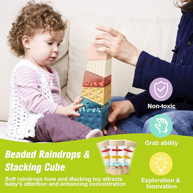vocheer Stacking Toys for Babies 6-12 Months, 6 in 1 Montessori Toys 7-9 Months Brain Development, Infant Tummy Time Sensory Toy, Early Education Babies Toy Kit Gift
