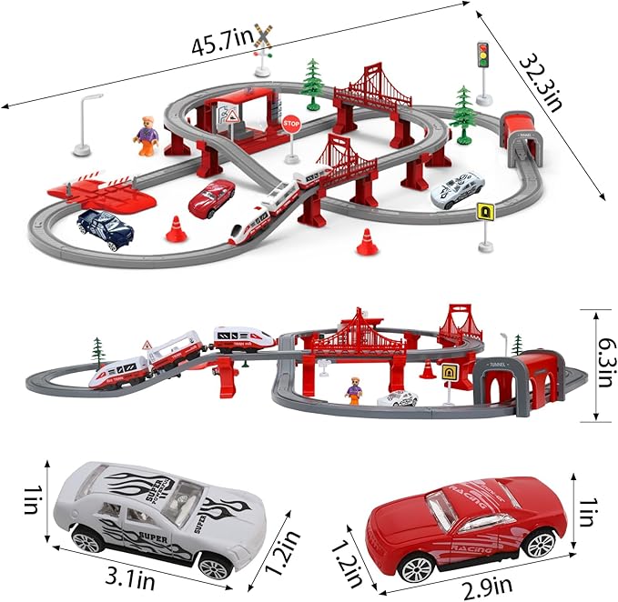 Train Sets for Toddlers, 104 Pcs Trains Toy with Battery Operated & Tracks (Magnetic Connection), Compatible with Thomas, Brio, Christmas Toy Gifts for 3 4 5 6 7 8 Years Old (Red 104PCS)