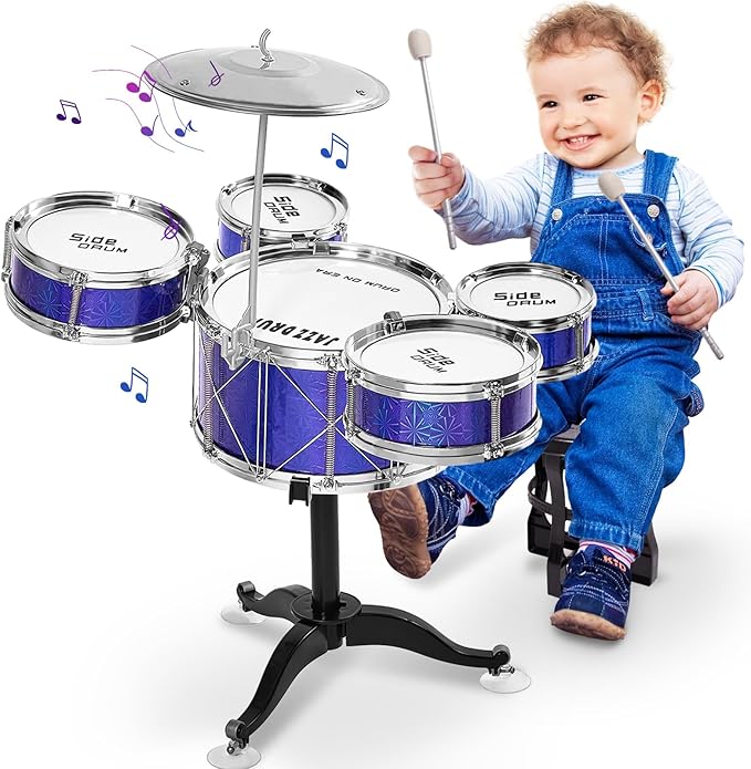 Tinylife Kids Drum Set, Toddlers Musical Toys Drum Kit with 5 Drums, Stool, Sticks and Cymbal Kids Musical Instruments Toy Set for 2 3 4 5 Year Old Boys Girls Gifts