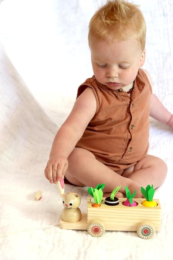 Adventure Awaits! Wooden Rabbit Pull Cart Farm Toy with Removeable Vegetables for Toddlers | Kids Montessori Easter Bunny Shape Sorting Car