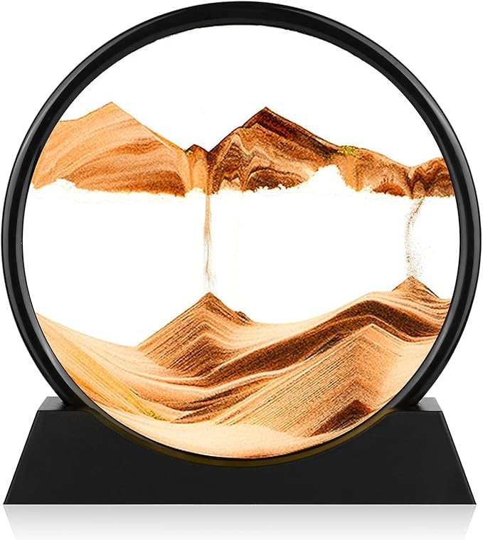 Moving Sand Art Picture - 3D Quicksand Painting Decor - Round Glass 3D Deep Sea Sandscape - Relaxing Home Decoration Desk Toys for Home Office Desk Mantle Bookshelf- (Yellow, 7 in)