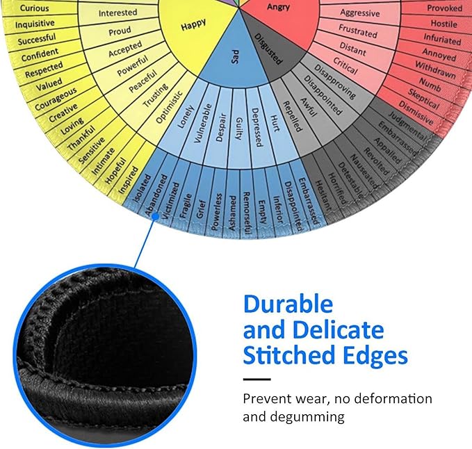 Wheel of Emotions, Feelings Chart Therapy, Round Mouse Pad, Non-Slip Rubber Base,Stitched Edges, Mental Health Computer Gaming Mousepad for School Classroom Counseling Office Home 7.9x7.9 Inches