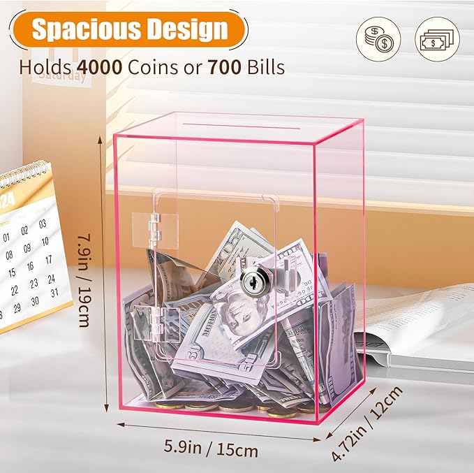 Hicocool Clear Piggy Bank with Lock, Acrylic Piggy Bank for Adults Kids Openable, Reusable Money Saving Box with Key for Birthday (Pink)
