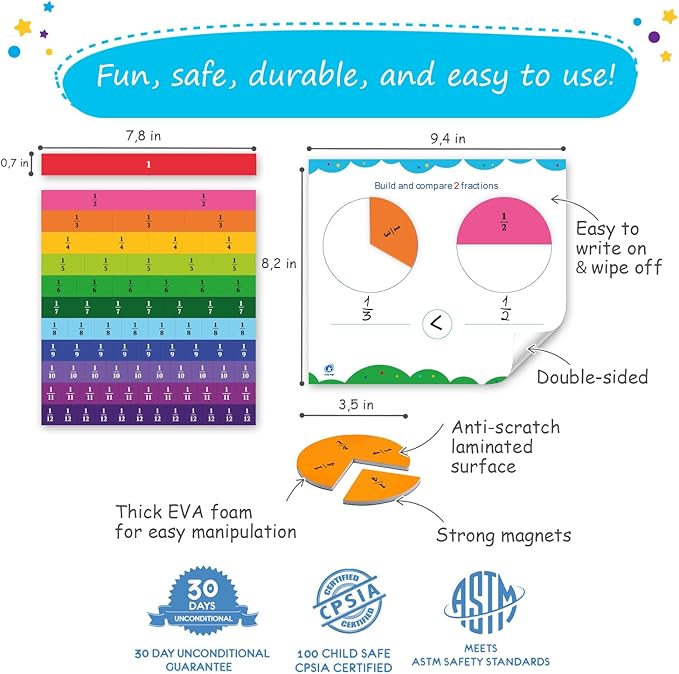 Simply magic 166 PCS Magnetic Fractions Activities Class Set – Fraction Strips, Tiles, Circles & Bars, Magnetic Math Manipulatives for Kids, Perfect Classroom Learning Tools, Homeschool Supplies