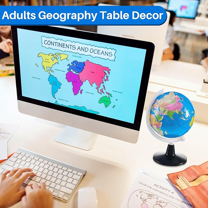 Henoyso 6 Pcs World Globe for Kids 3.4'' Educational Mini Desk Decorative Earth Globes with White Stand Learning Rotating World Map for Adults Classroom Geography Table Decor