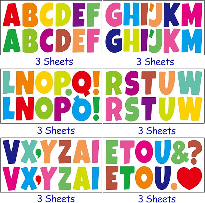 Bemeol Bulletin Board Letters 216 Pcs 2.5 Inch Alphabet Letter Stickers Self-Adhesive Letters for Poster Board Classroom Crafts Home Decor(Colorful)