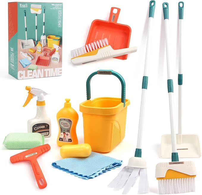 Coolplay 12pcs Mop and Cleaning Toys Set Kids Toddlers Pretend Play Broom Set, Detachable Broom Mop Dustpan for Kids Girl Toys