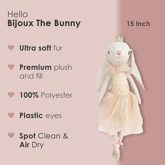 MON AMI Bijoux The Bunny Princess Ballerina Stuffed Doll – 15”, Soft Plush Animal Doll, Use as Toy or Room Decor, for Kids of All Ages