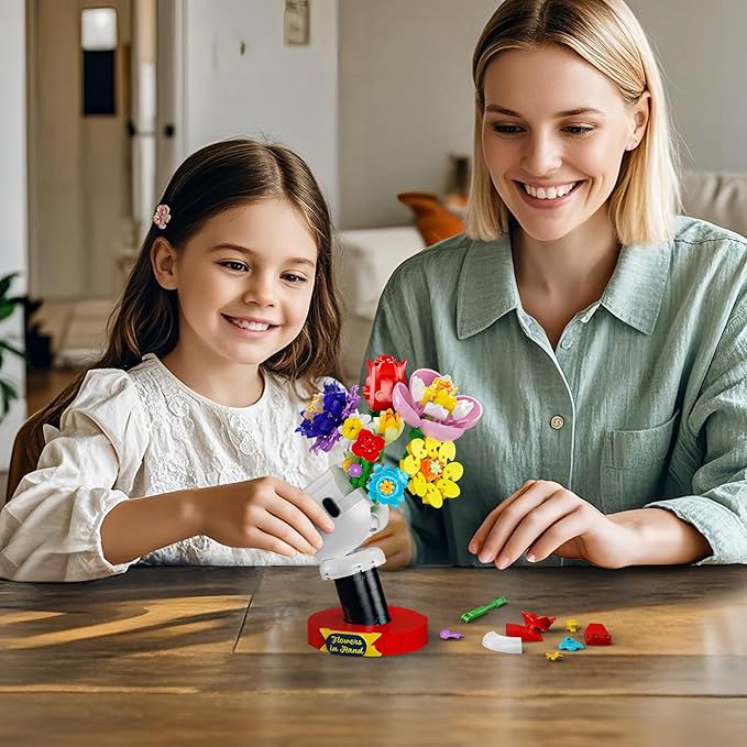 Floral Bouquet Building Set with Elegant Display Stand – Creative Artificial Flowers Kit for Home Decor, Mother’s Day & Valentine’s Gifts. Perfect for Ages 6+, a Thoughtful Present for Loved Ones!