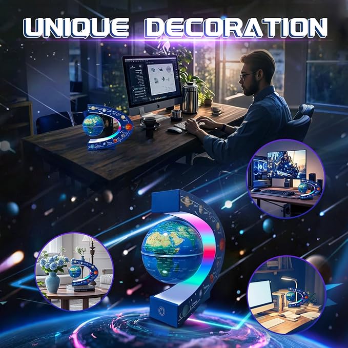 Magnetic Levitating Floating Globe with LED Lights, Cool Gadgets C Frame Globe Lamp for Men Father Husbands Boys Girls and Kids, Nine planetary solar systems Cool Tech Gift