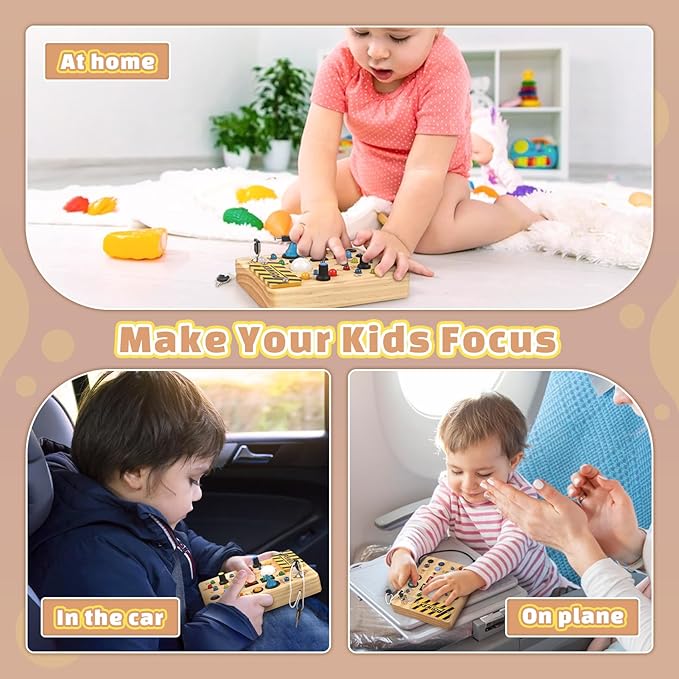 Joyreal Montessori Busy Board Wooden Sensory Toys for Toddler with LED Light Up Switch, Baby Fidget Board Travel Toys for 18+ Months, Boys Girls Birthday, Medium