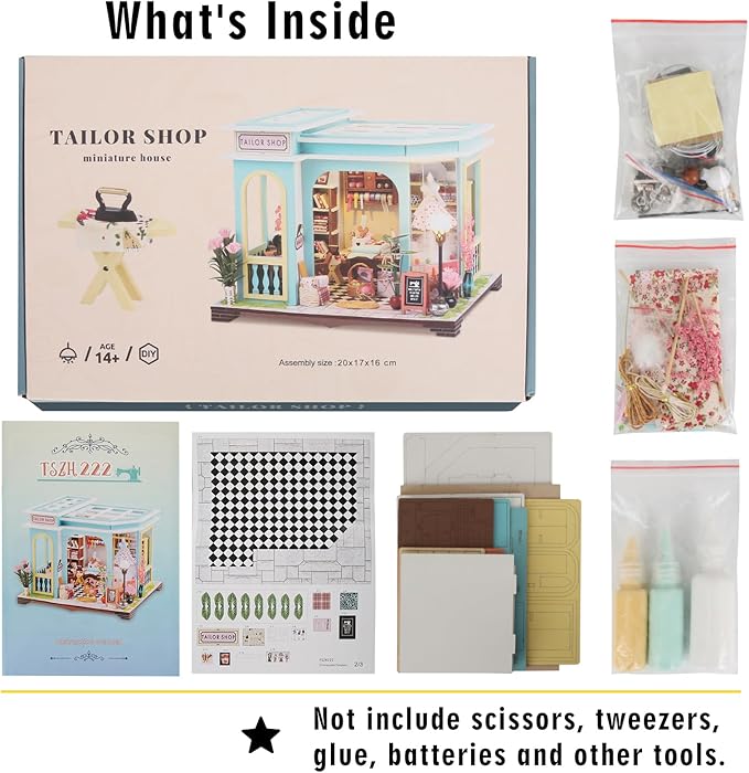 DIY Miniature House Kit,Tailor Shop Dollhouse Miniature Kit with LED & Furniture,Mini Diorama House Building Kit for Adults,3D Wooden Craft Tiny House Mini Model Kit,Home Decor Family Birthday Gifts
