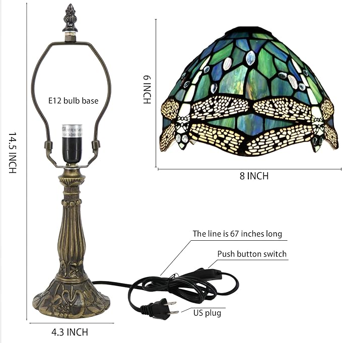 Small Tiffany Lamp Mini Accent Table Lamp Stained Glass Desk Memory Lamp Sympathy 8X14.5 Inch (Sea Blue Dragonfly Style)