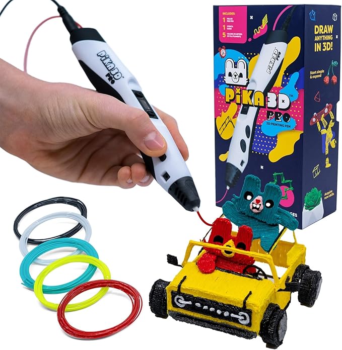 PIKA3D PRO 3D Printing Pen - Includes 3D Pen, 5 Colors of PLA Filament Refill with Stencil Guide and User Manual, White