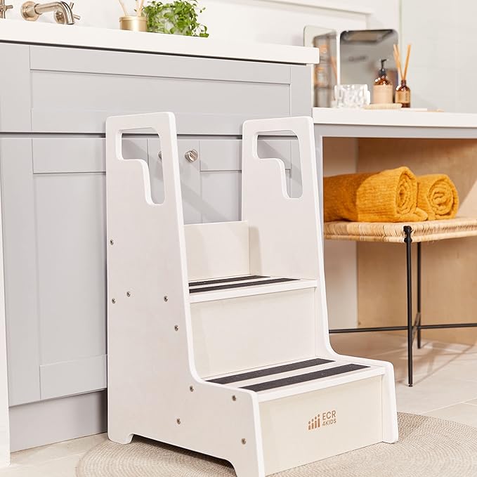 ECR4Kids Reach-Up Step Stool with Handles, Kids Furniture, White Wash
