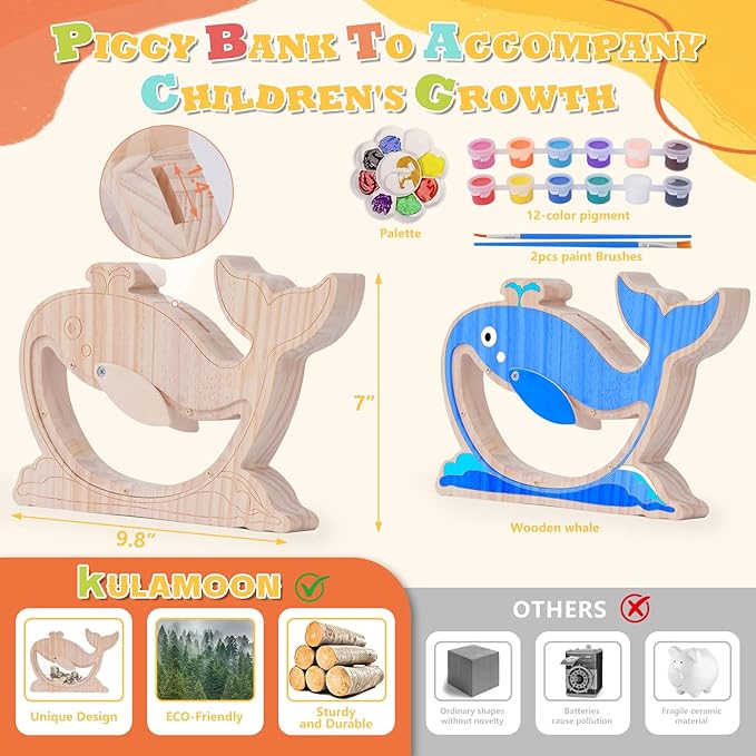Wooden Piggy Bank for Kids, DIY Night Light Personalized Money Bank for Boys, Girls, Unbreakable Saving Box with Paintbrush and 12 Paints, Coin Jar Gifts for Kids Birthday&Decor(Whale)