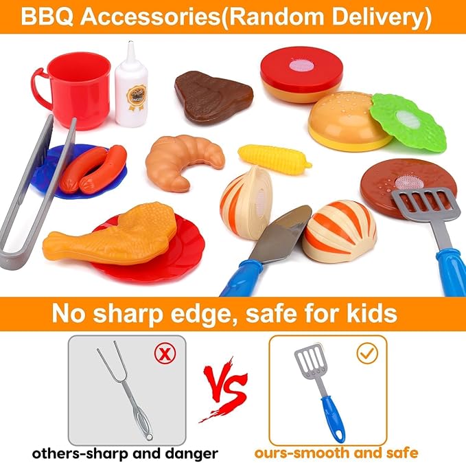 Kids Grill Playset Kitchen Toys with Apron Hat for Cooking Food Smoke Light Outdoor Pretend Play Accessories 3-5 4-8 BBQ Outside Camping Barbecue Toddler Boy Toy 3 4 5 6 Year Old Birthday Gift